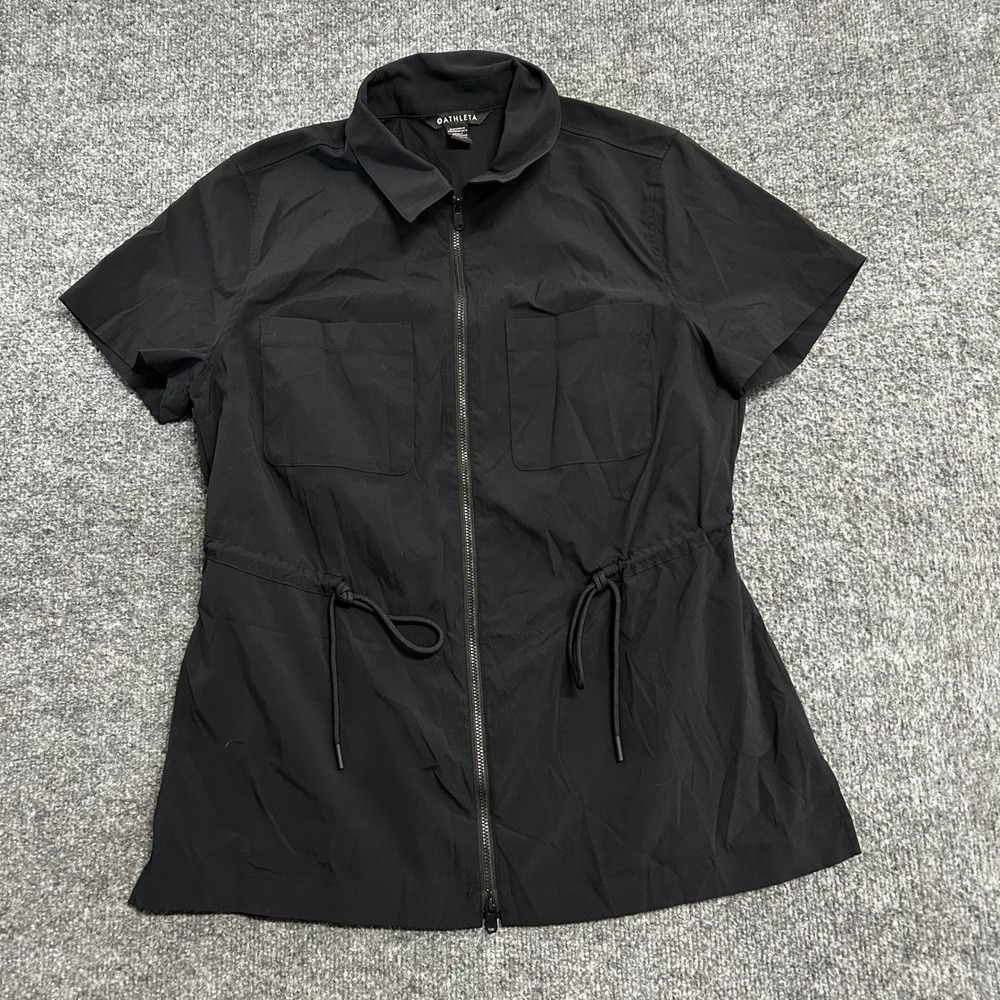 Athleta Top Womens Size M Black Zip Up Drawstring Waist Utility Short Sleeve